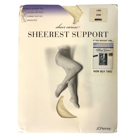 JCPenney Sheer Caress Sheerest Support Pantyhose Size Long Bone Sandalfoot - Picture 1 of 3